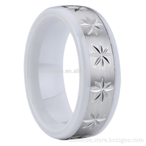 Leaf shape design white ceramic ring with steel material for men and women